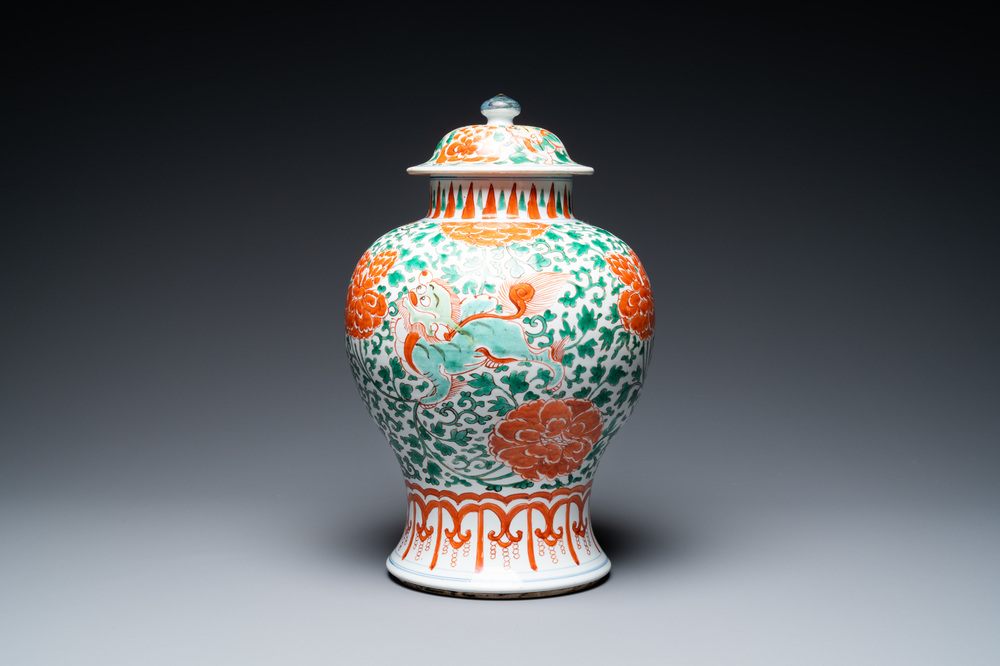 A Chinese famille verte 'Buddhist lions' vase and cover, Kangxi