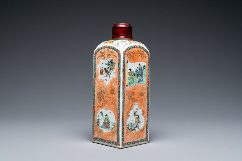 A Chinese square famille verte bottle, Kangxi