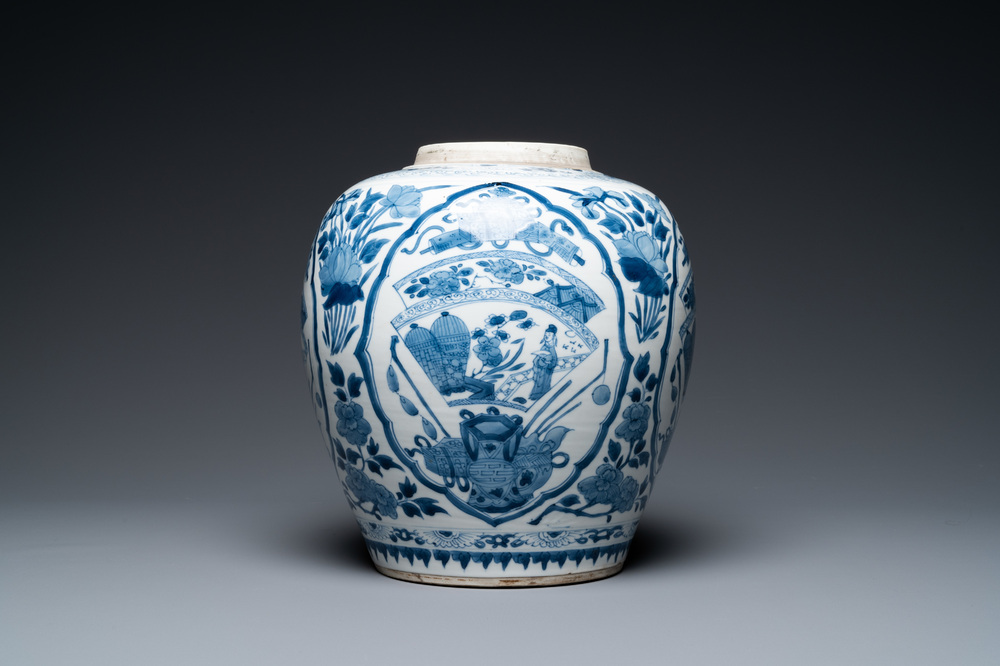 A Chinese blue and white jar with figurative medallions, Kangxi