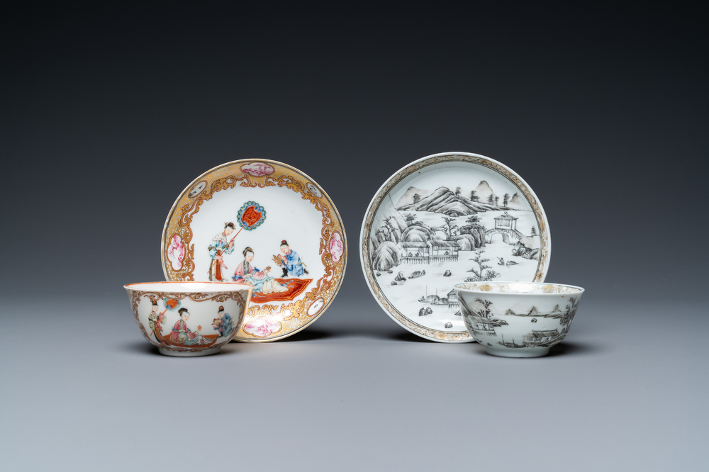 Two Chinese famille rose and grisaille cups and saucers, Yongzheng/Qianlong