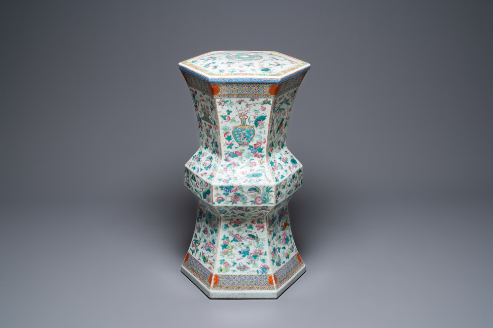 A Chinese hexagonal famille rose garden seat, 19th C.