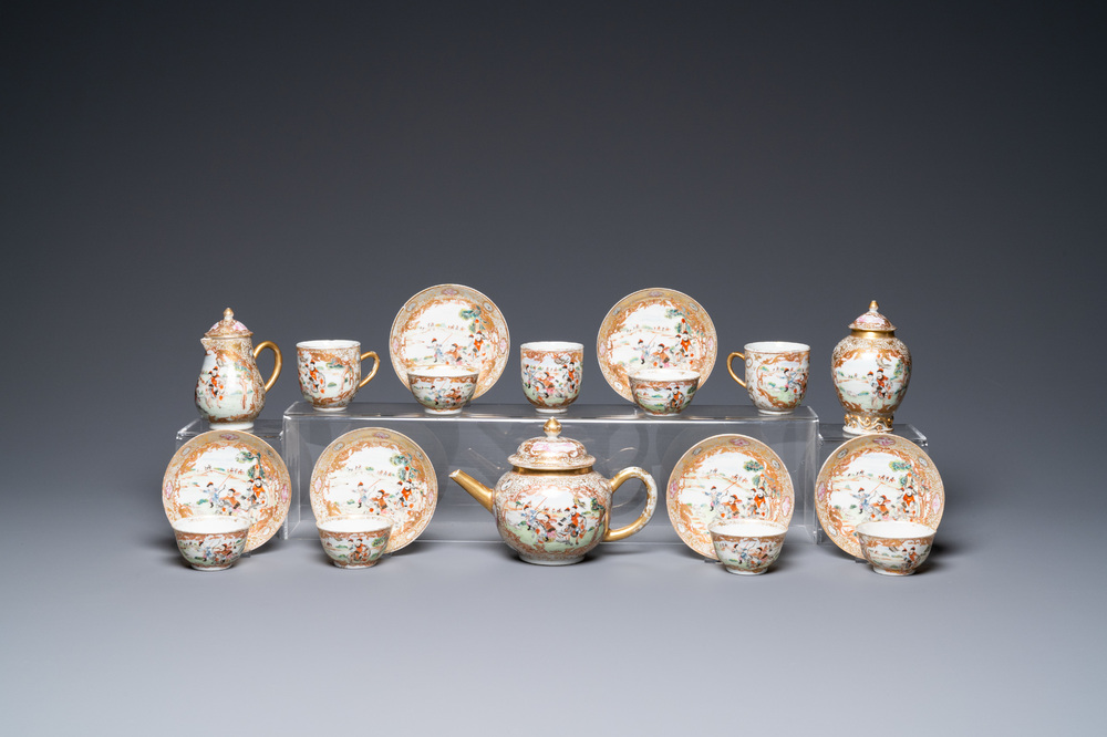 A Chinese famille rose 18-piece 'rabbit hunt' tea service, Qianlong