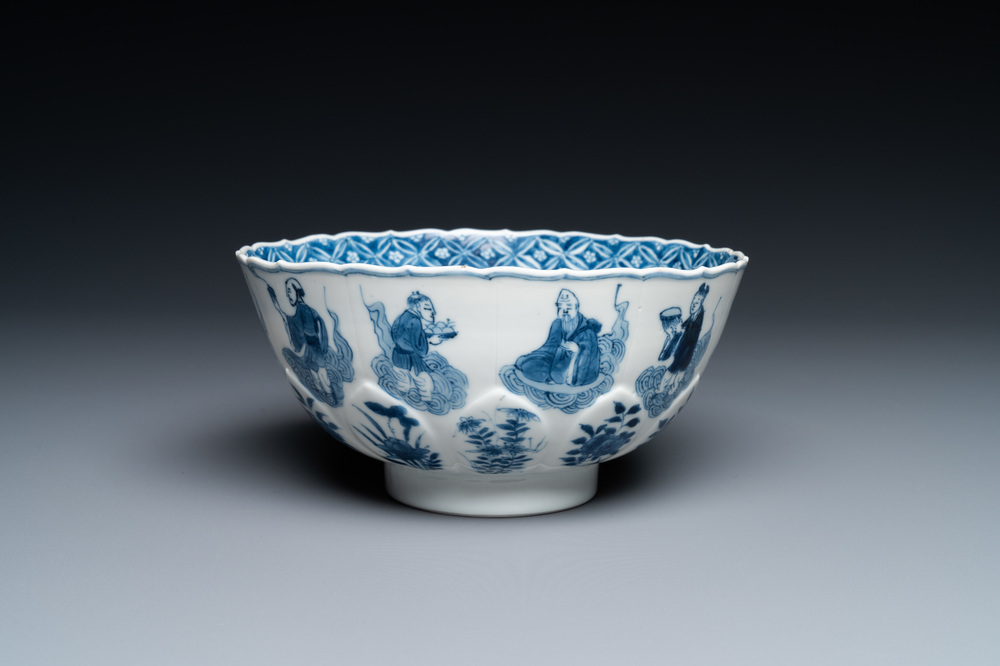 A Chinese blue and white lotus-shaped 'immortals' bowl, Chenghua mark, Kangxi
