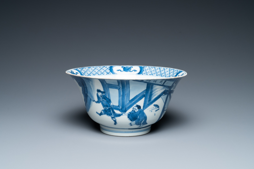 A Chinese blue and white bowl with a narrative scene, Kangxi