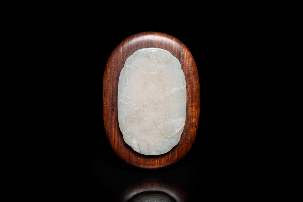 A Chinese wooden box and cover with a white jade 'quail' plaque, 18/19th C.