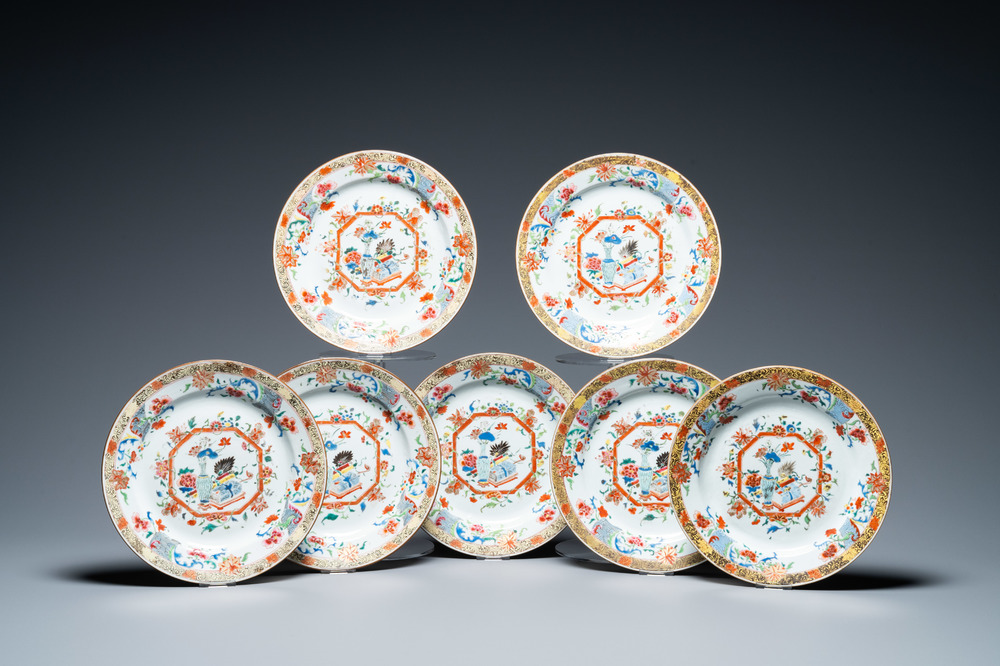 Seven Chinese famille rose 'antiquities' dishes, Yongzheng