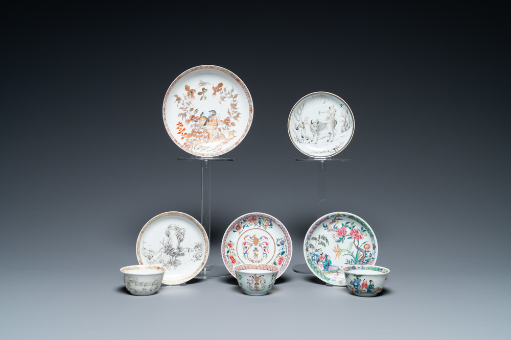 Five Chinese famille rose and grisaille saucers and three cups, Yongzheng