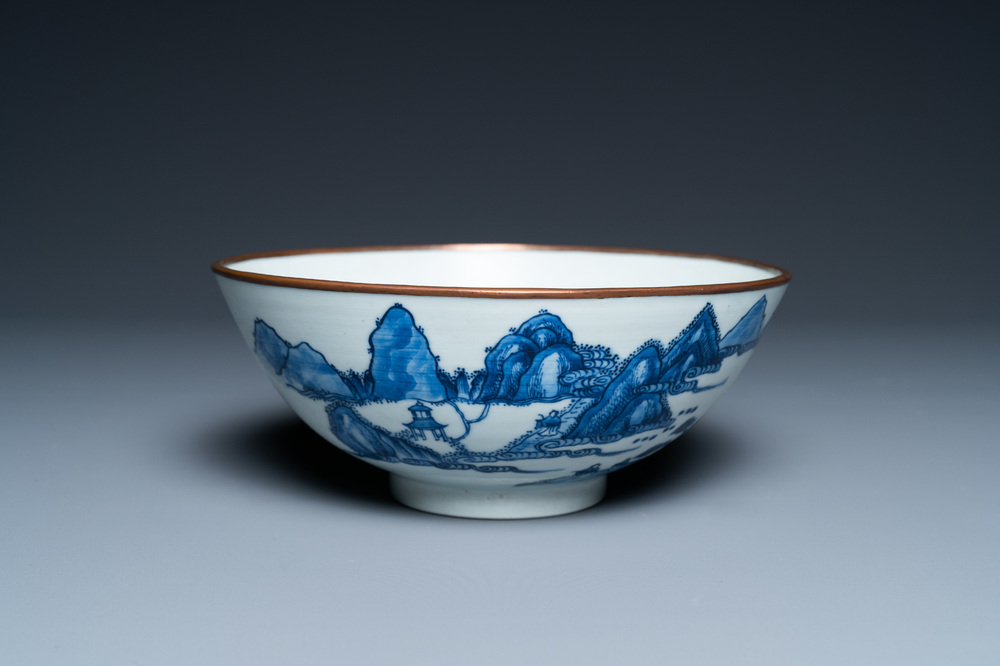 A Chinese 'Bleu de Hue' bowl for the Vietnamese market with the Hai Van mountains, Thanh Ngoan mark for Nguyen Phuc Chu, Kangxi
