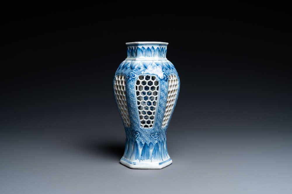 A Chinese reticulated double-walled blue and white vase, Kangxi