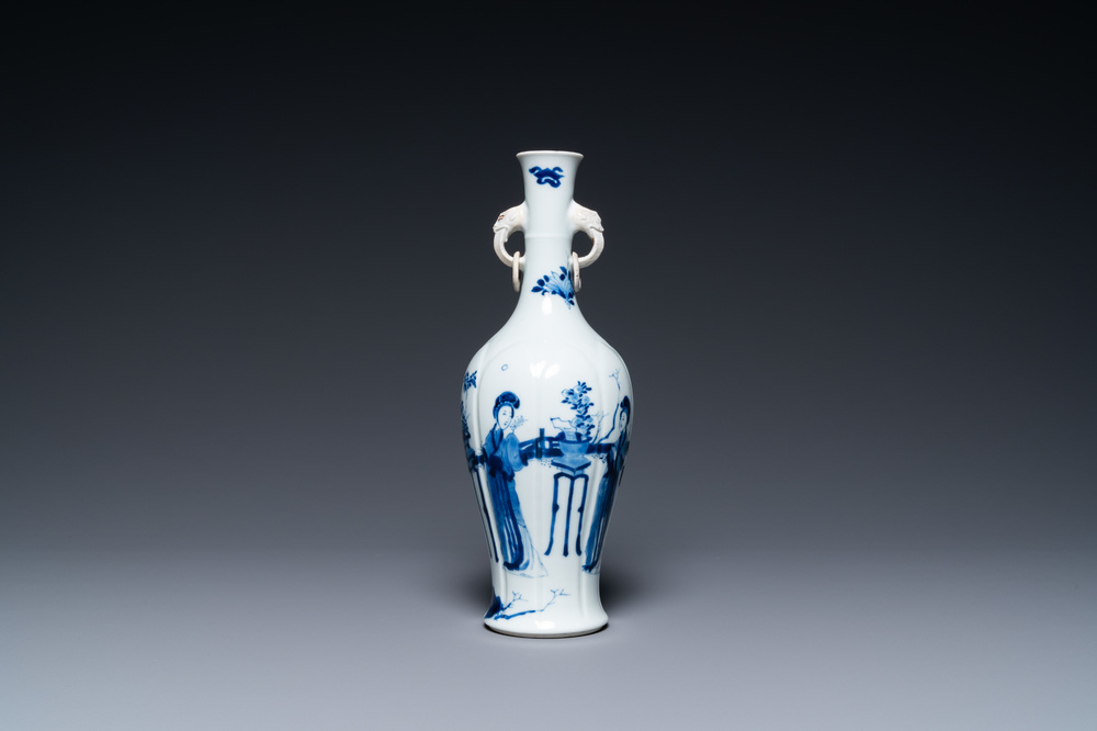 A Chinese blue and white vase with elephant head handles, Kangxi