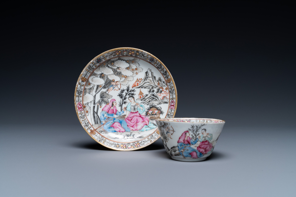 A fine Chinese famille rose 'romantic subject' cup and saucer, Qianlong
