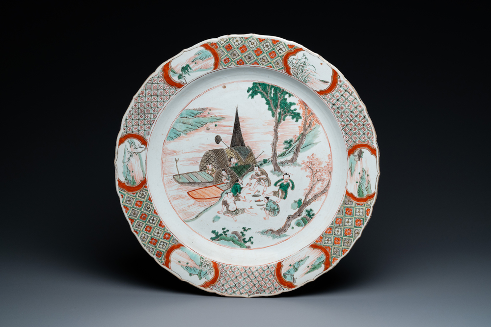 A Chinese famille verte dish with a kissing couple in a boat, Kangxi