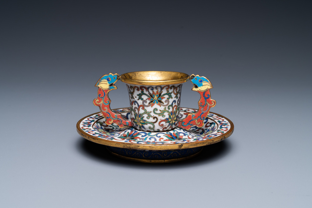 A Chinese cloisonn&eacute; two-handled 'lotus scroll' cup on stand, 18/19th C.