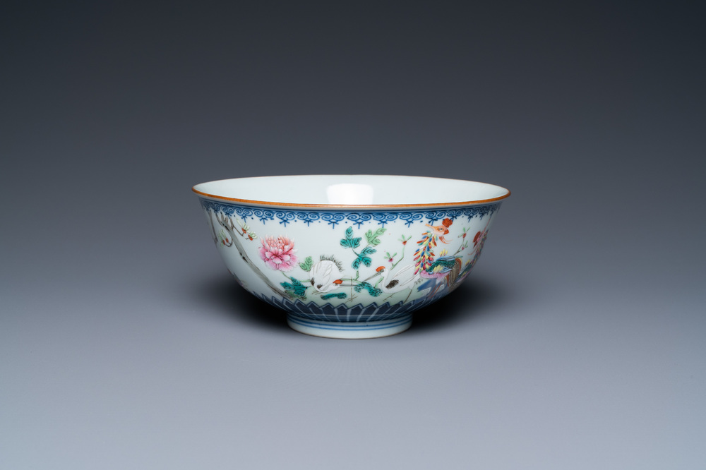 A Chinese famille rose 'cranes and phoenix' bowl, Qianlong mark, 18/19th C.