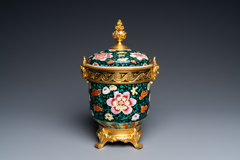A Chinese gilt bronze-mounted famille noire bowl and cover, Qianlong