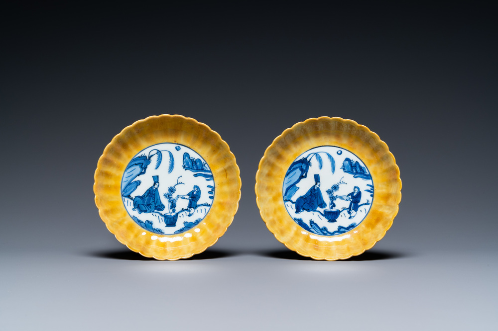 A pair of lobed Chinese blue and white yellow edge plates, 'hare' mark, Wanli