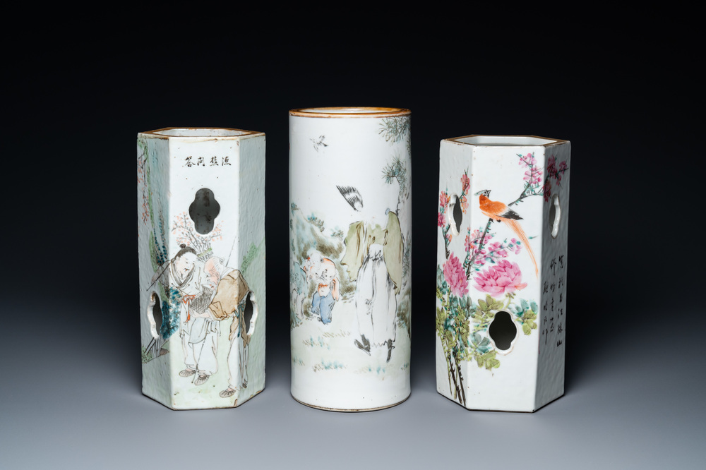 Three Chinese qianjiang cai hat stands, the left one signed Jiang Chaozong and dated 1897
