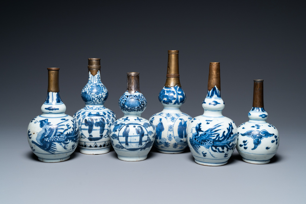 Six Chinese blue and white metal-mounted double gourd vases, Transitional period and later