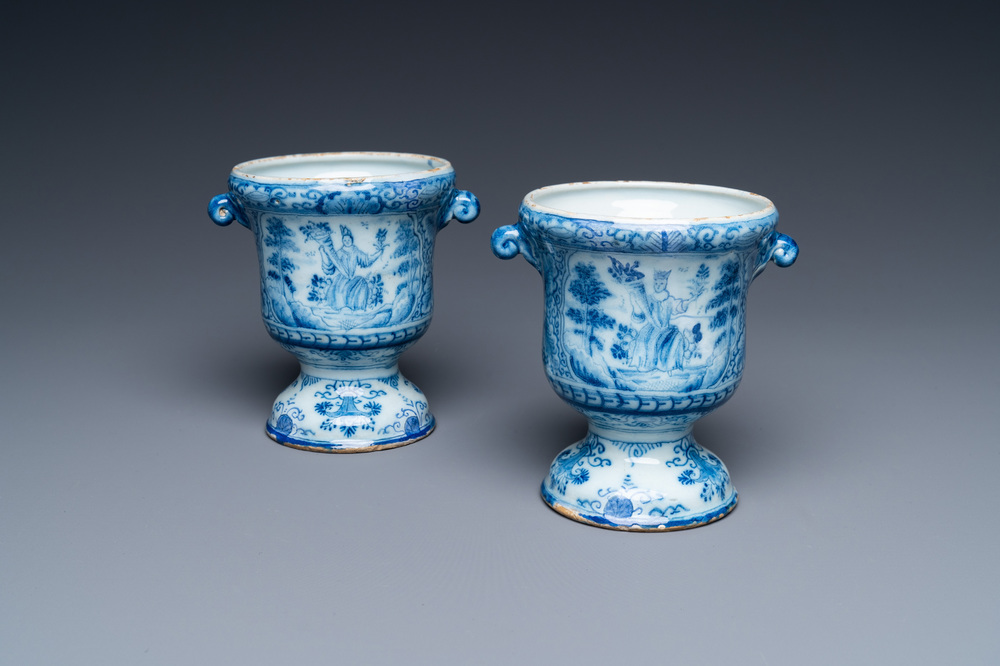 A pair of small Dutch Delft blue and white jardini&egrave;res, 18th C.