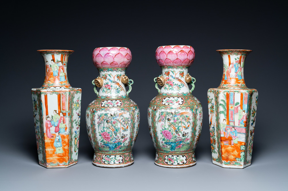 Two pairs of Chinese Canton famille rose vases, 19th C.