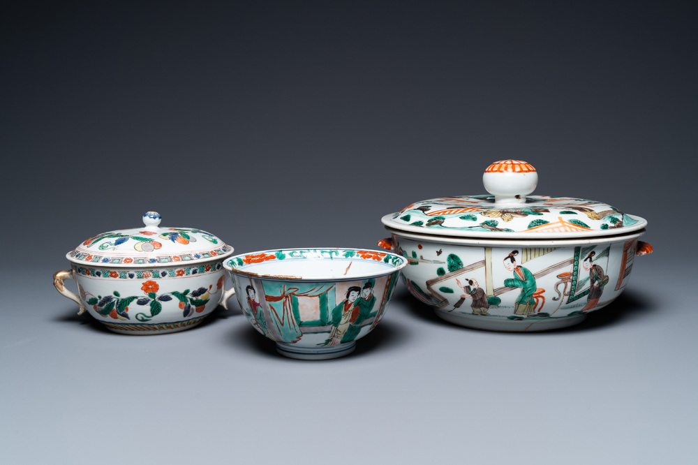 Three Chinese famille verte bowls, Transitional period and Kangxi