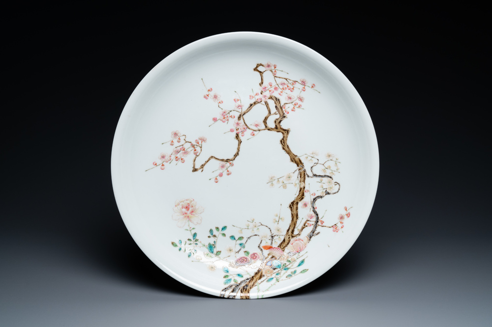 A Chinese famille rose 'prunus tree' dish, Yongzheng mark, Republic