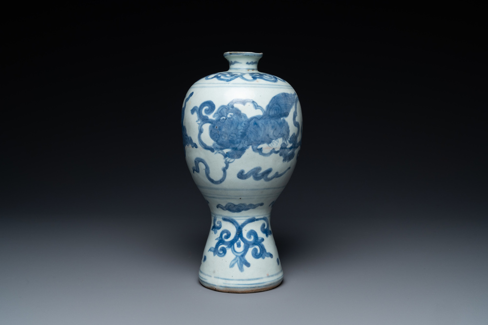 A Chinese blue and white 'Buddhist lions' 'meiping' vase, Ming