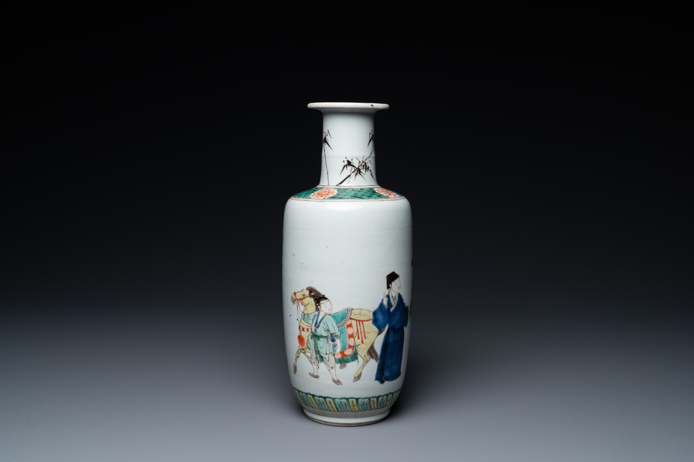 A Chinese famille verte rouleau vase with narrative design, Kangxi