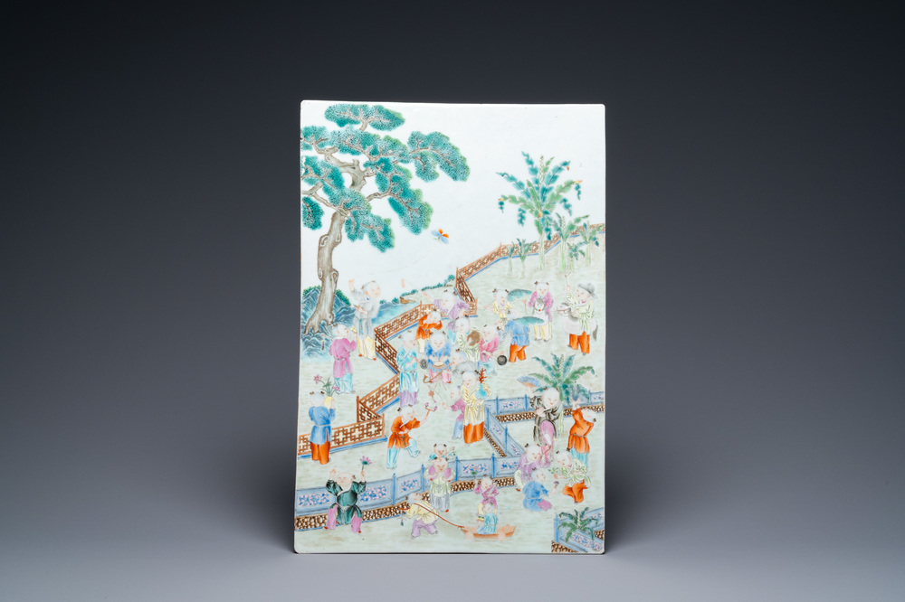 A Chinese famille rose '100 boys' plaque, 19th C.
