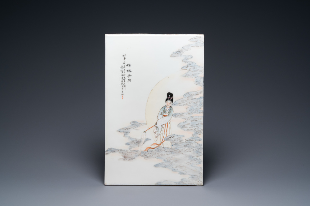 A Chinese fencai plaque with Chang'e, signed Xia Long Jiao and dated March 1943