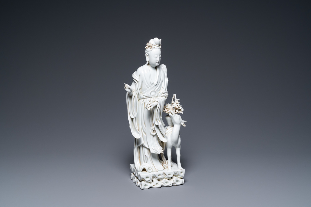 A Chinese Dehua blanc de Chine 'Magu and deer' group, illegible seal mark, Republic
