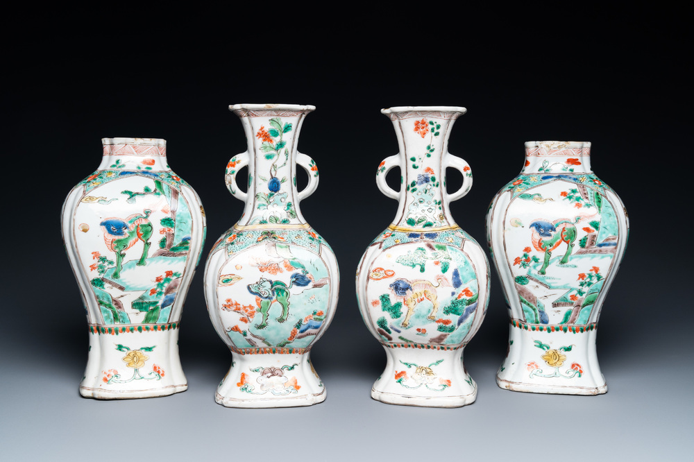 A Chinese famille verte four-piece 'mythical animals' garniture, Kangxi