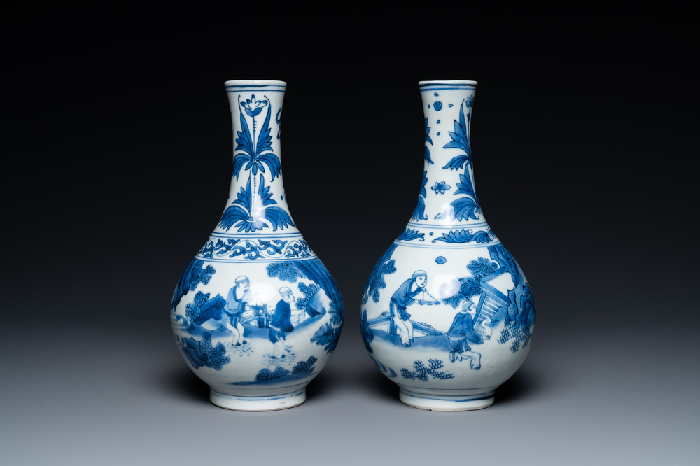 A pair of Chinese blue and white 'Wang Xizhi' bottle vases, Transitional period
