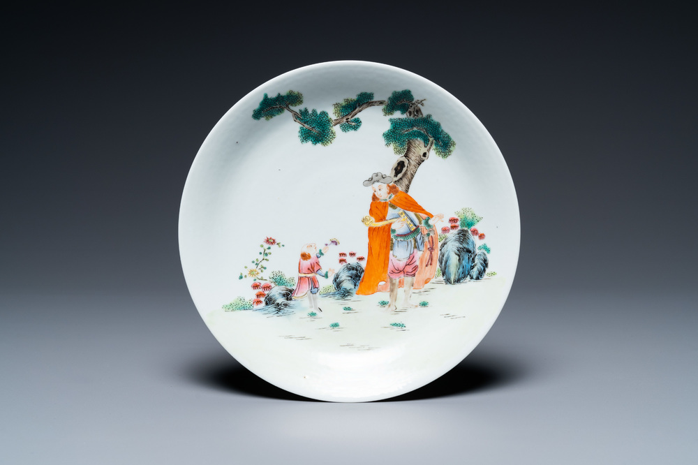 A Chinese famille rose plate with a European, Qianlong mark, Jiaqing