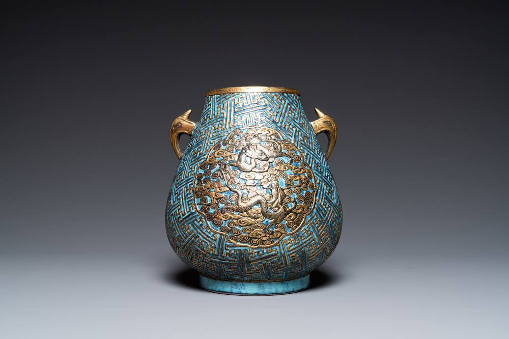 A Chinese 'robin's egg and imitation bronze'-glazed 'hu' vase, Qianlong mark, 19th C.