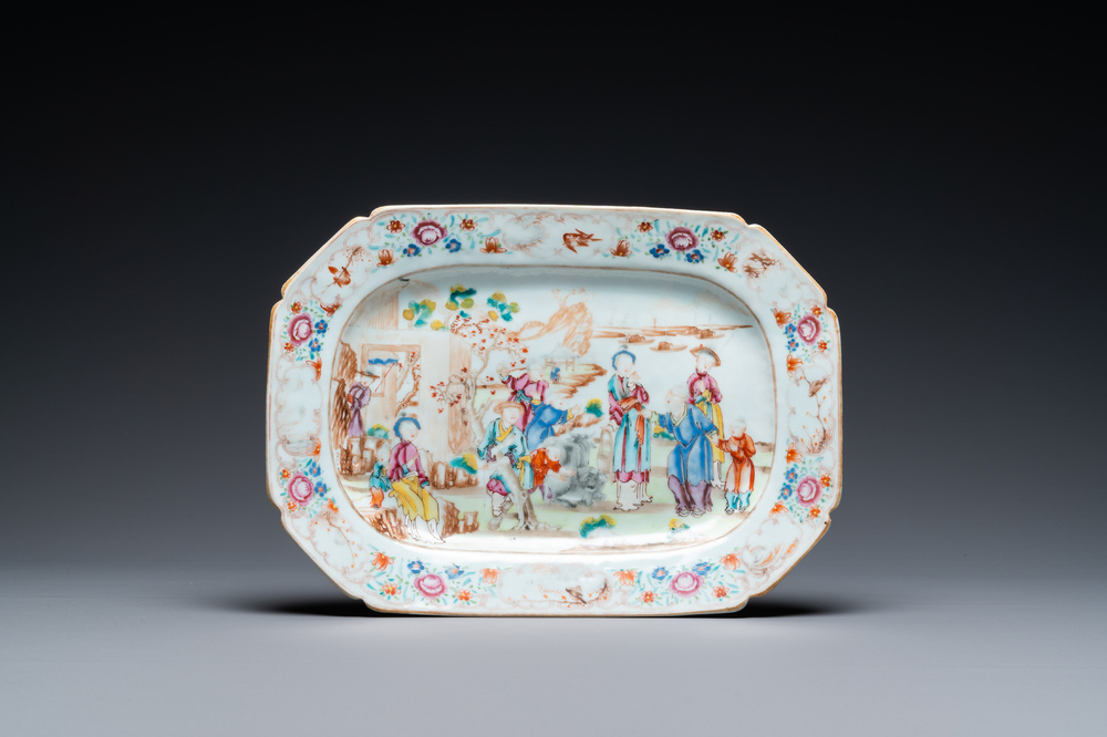 A Chinese octagonal famille rose 'mandarin' dish, Qianlong