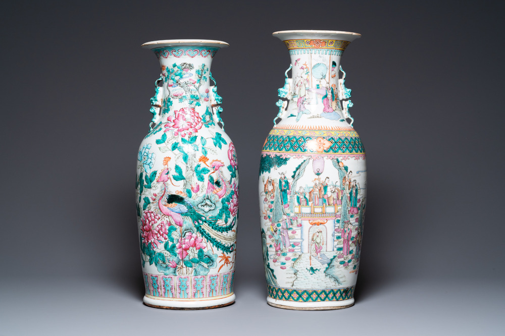 Twee Chinese famille rose vazen, 19e eeuw