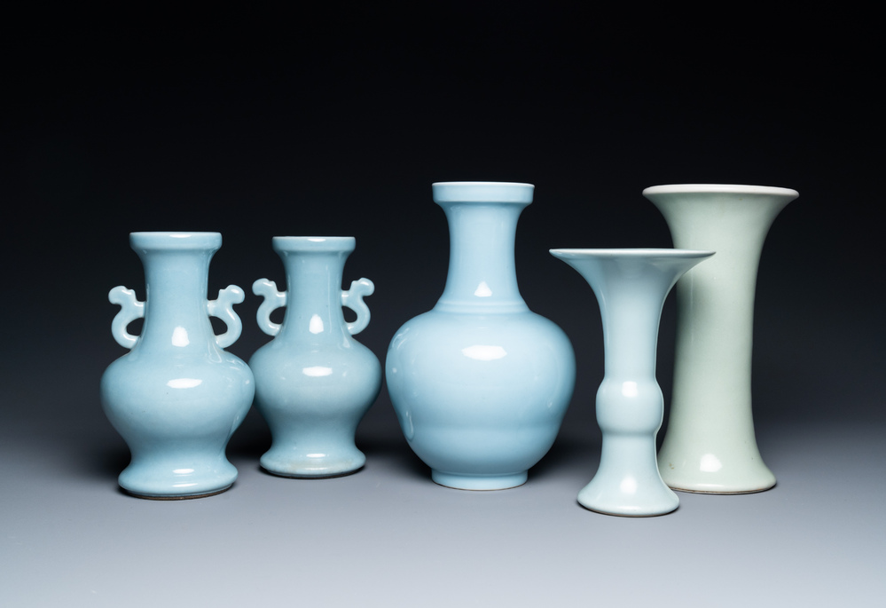 Five Chinese monochrome clair-de-lune and celadon-glazed vases, 19/20th C.