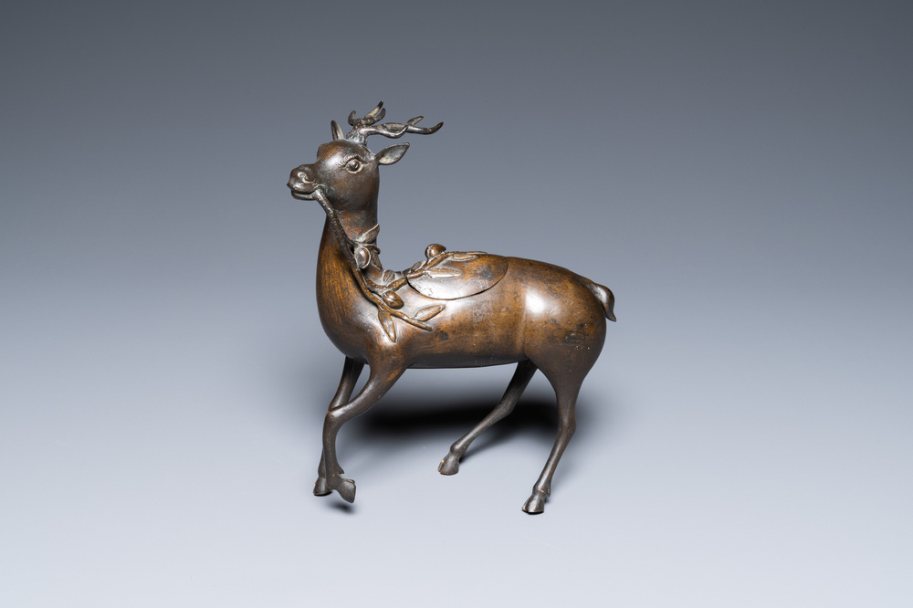 A Chinese bronze deer-shaped censer, Kangxi
