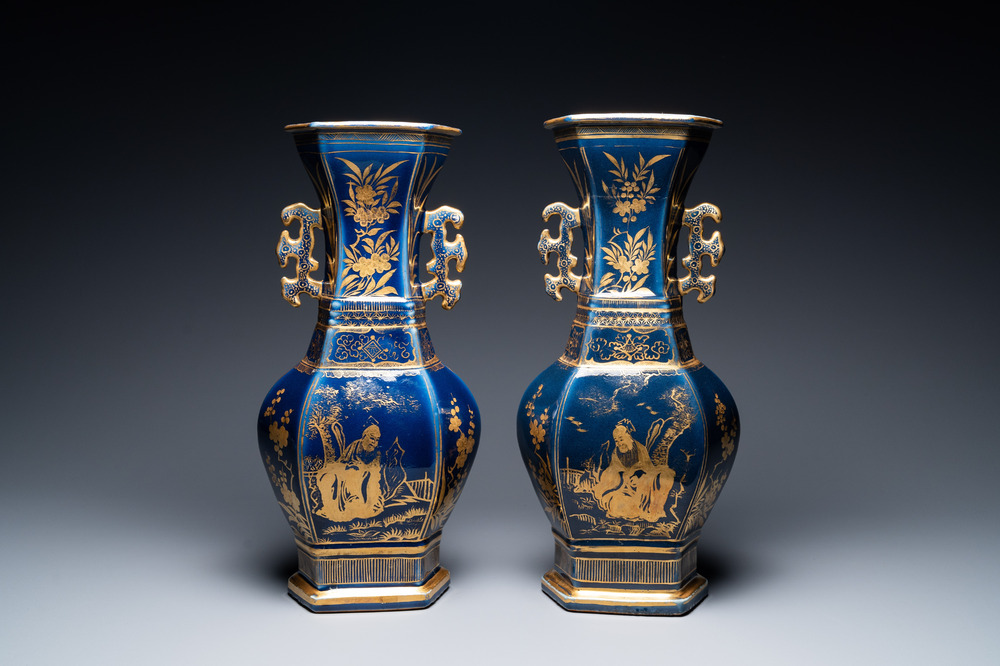 A pair of Chinese gilt-decorated monochrome blue vases, Qianlong