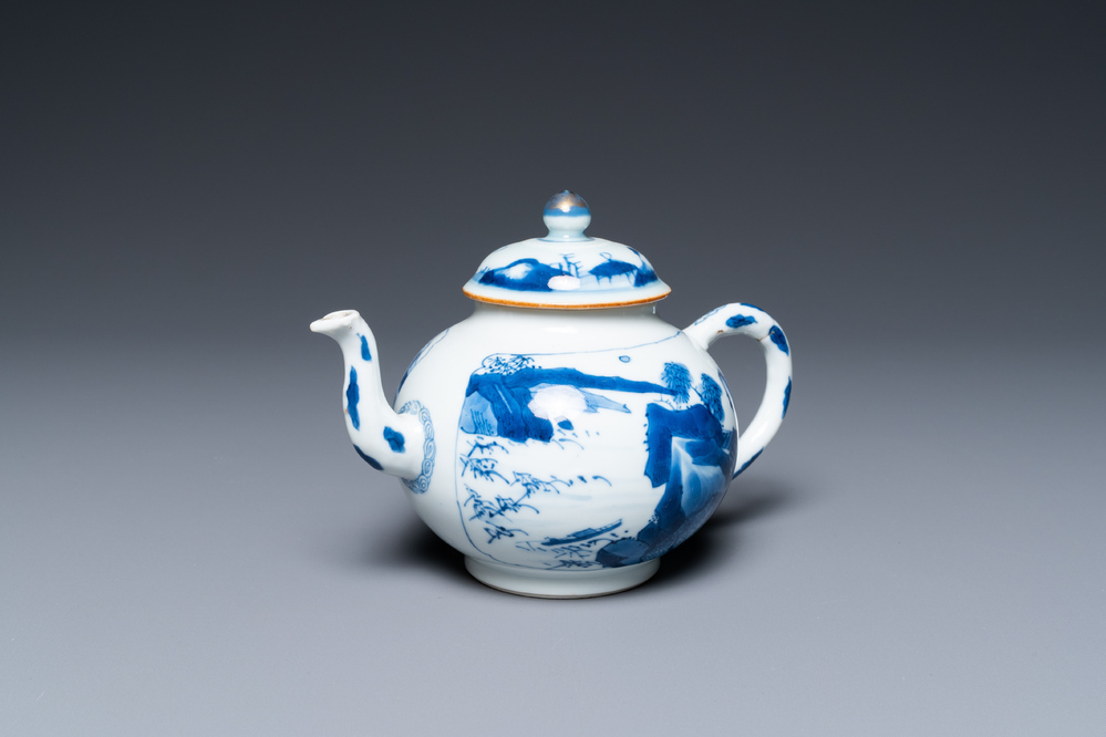 A Chinese blue and white 'landscape' teapot and cover, Chenghua mark, Kangxi
