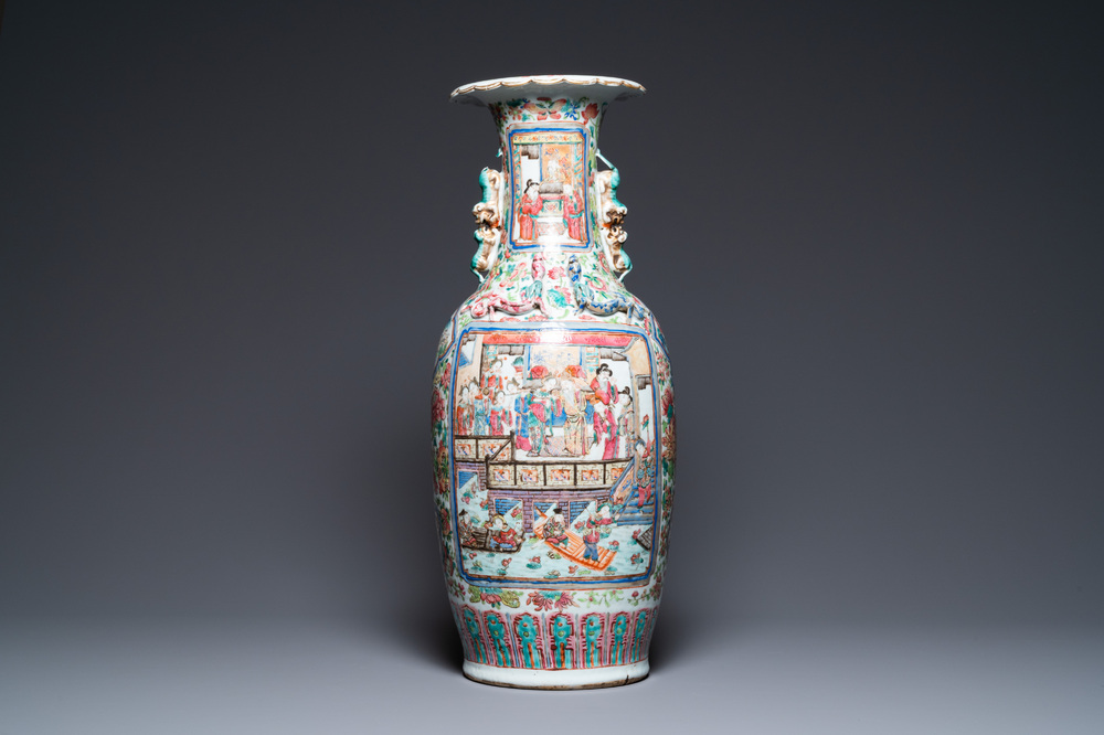 A Chinese famille rose vase with narrative design, 19th C.