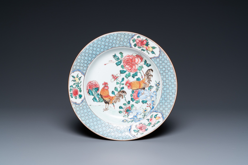 A Chinese famille rose 'roosters' plate, Yongzheng