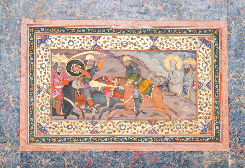 Qajar school, miniatuur: 'De slag om Karbala', gouache en vergulding op papier, Iran, 19/20e eeuw