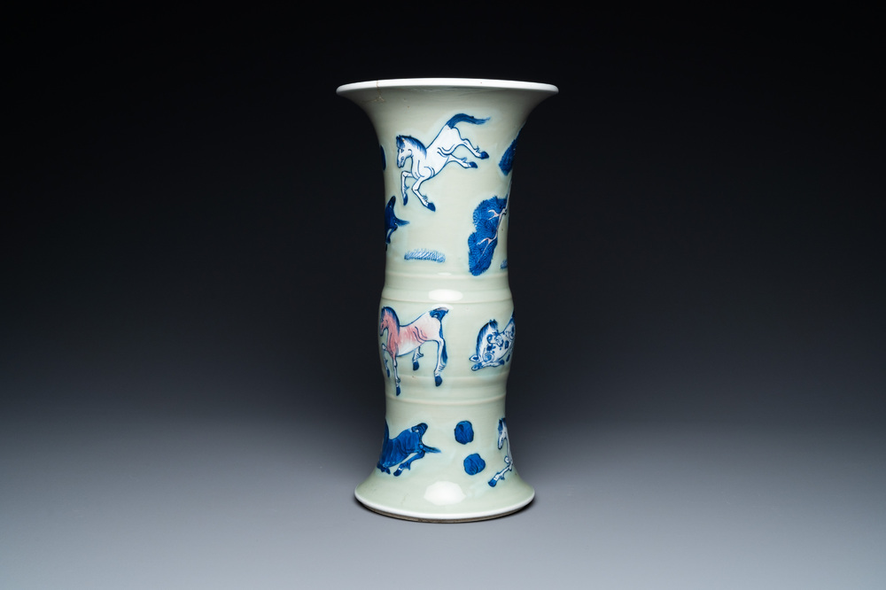 A Chinese blue, white and copper-red celadon-ground 'Eight horses of Mu Wang' vase, Kangxi
