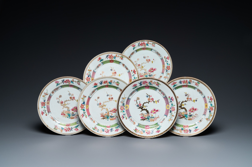 Six Chinese famille rose plates with blossoming branches, Yongzheng
