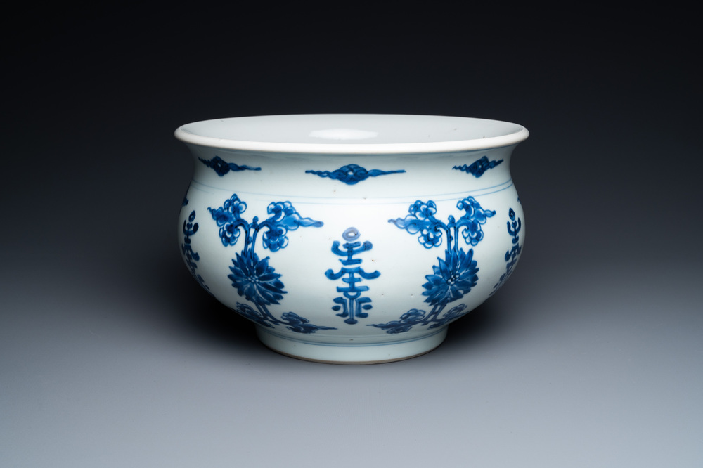 A Chinese blue and white 'Shou and lotus' incense burner, Kangxi