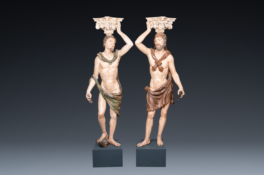 Hercule et Mercure, une paire d'importants t&eacute;lamons en bois polychrom&eacute;, Italie du Nord, 17&egrave;me