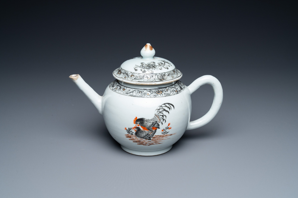 A Chinese grisaille 'mating hen and rooster' teapot and cover, Yongzheng/Qianlong