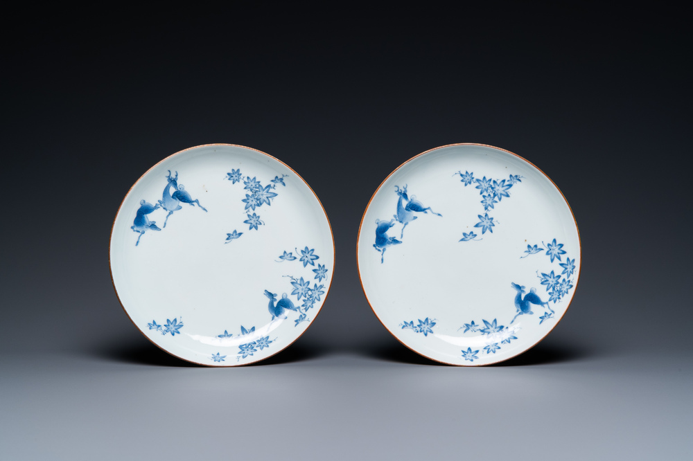 A pair of Japanese blue and white ai-Kakiemon 'deer' plates, Edo, 18th C.